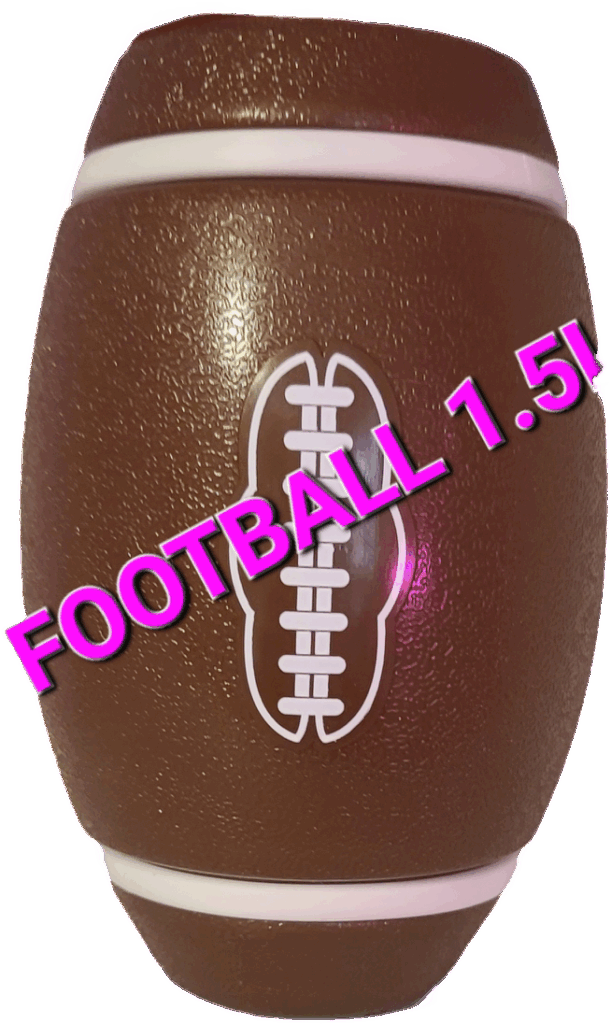 Brown football with white stripes and stitching, labeled "FOOTBALL 1.5!" The image highlights a playful sports item, ideal for branding or merchandise display.