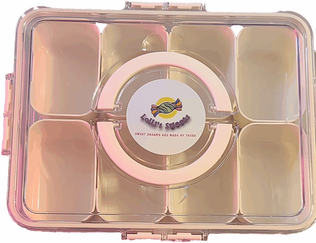 Clear, compartmentalized container labeled "Lolli's Sweets," ideal for organizing and displaying various candies and treats.